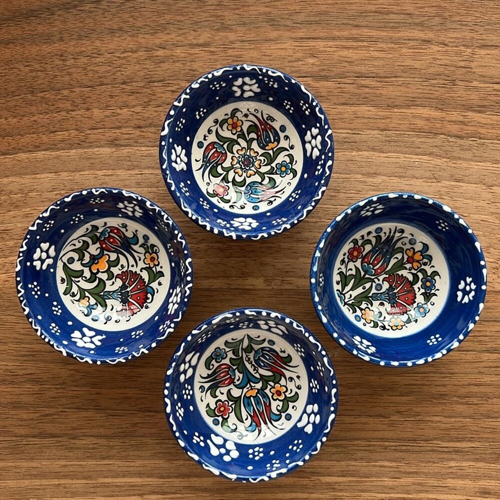 Handmade Turkish Ceramic Bowl set of 4, floral pattern navy